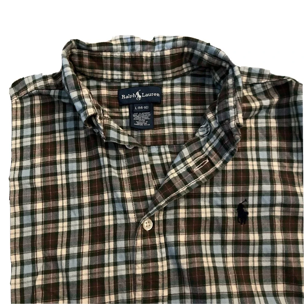 Ralph Lauren Boys L 14-16  Long Slv Button Down Collared Shirt Plaid 100% cotton